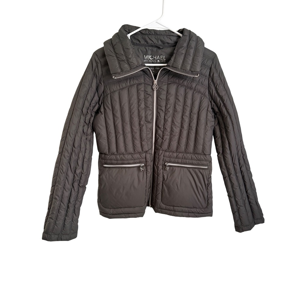 Michael Michael Kors Packable Down Puffer Jacket Gray Quilted Funnel Neck M
